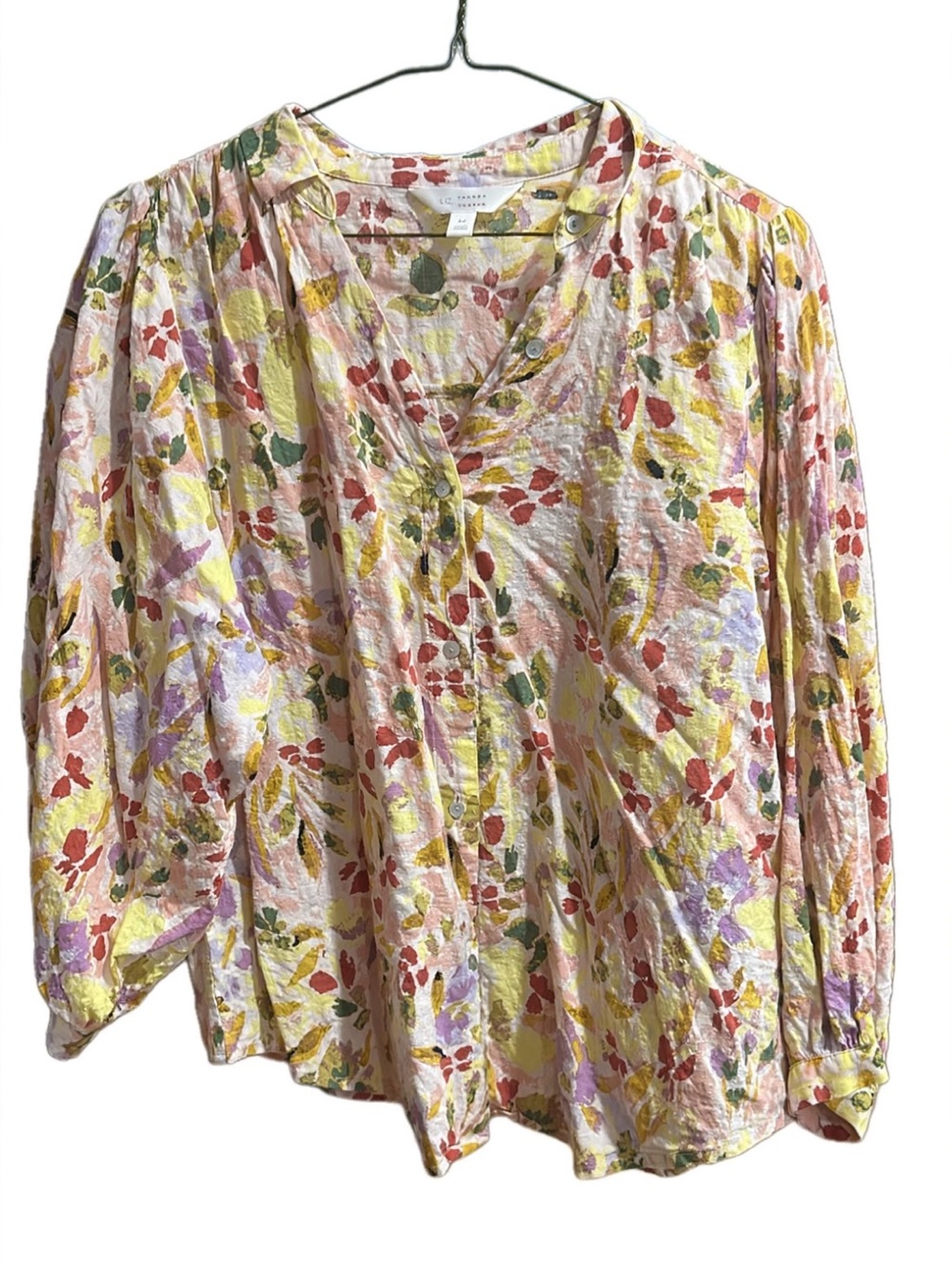 LC Lauren Conrad Floral V-Neck Button Blouse — Yellow, Pink, Green, Purple, Red